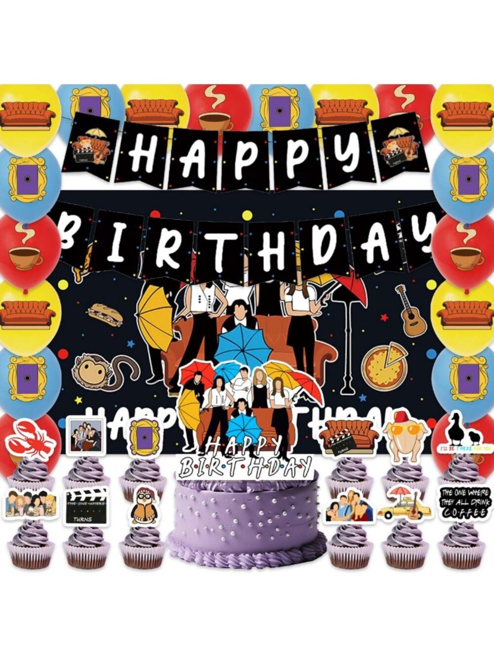 42Pcs Friends Birthday Party Supplies - Banner, Cake Toppers, Balloons